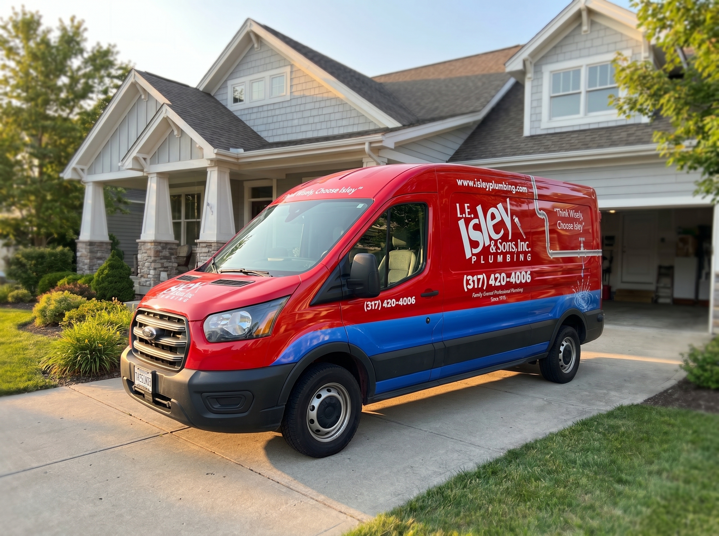 Today's Isley Plumbing service van in front of an Indianapolis home