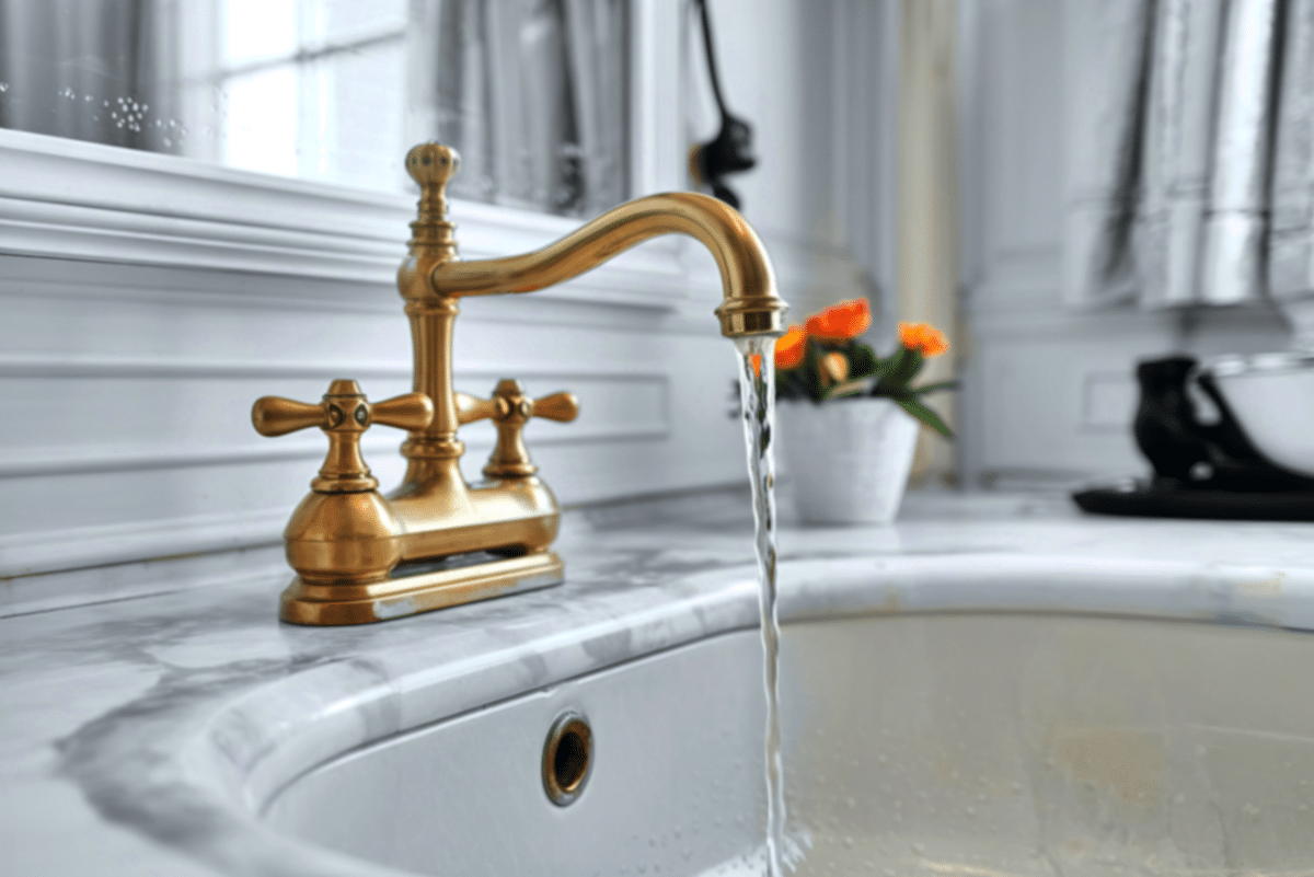 Modern bathroom faucet running over a sink