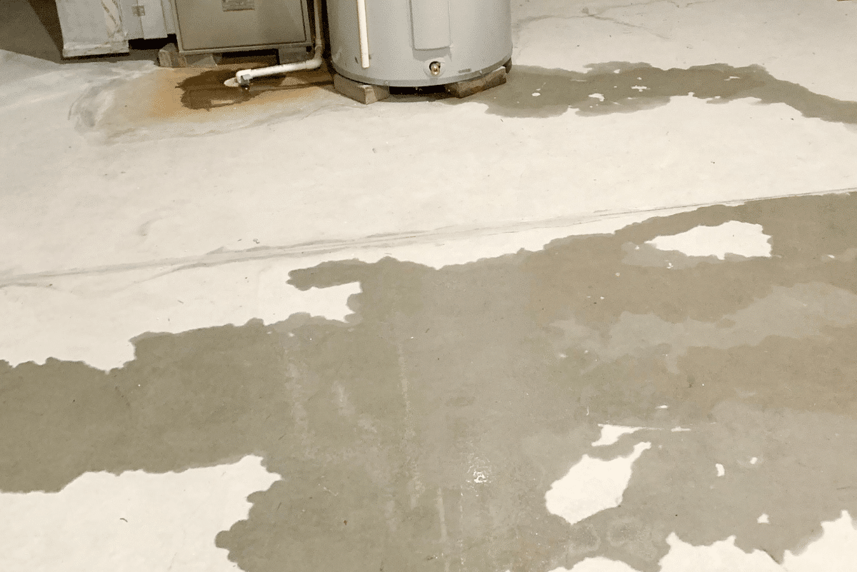 Water pooling on a basement floor from a slab leak