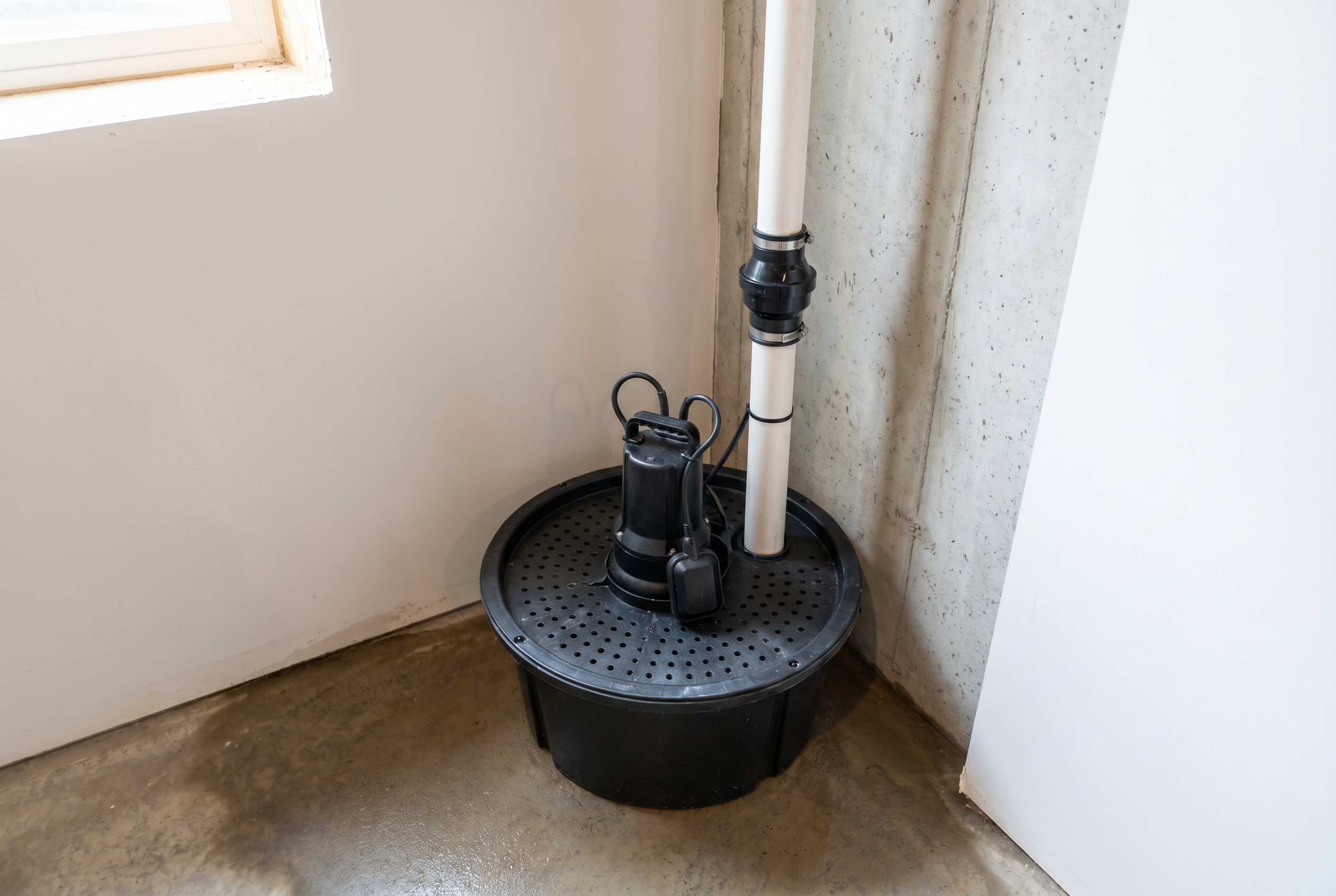 Sump pump installed in a residential basement pit with discharge pipe